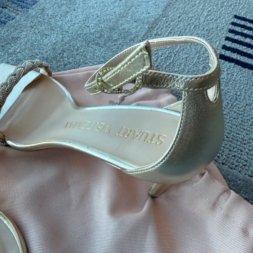 Stuart Weitzman Metallic Gold Braided Strap Ankle Strap Sandals - Picture 6 of 7